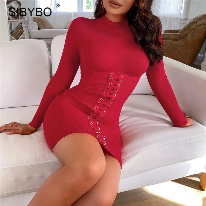 Женское облегающее платье SIBYBO черное с круглым вырезом и длинными рукавами