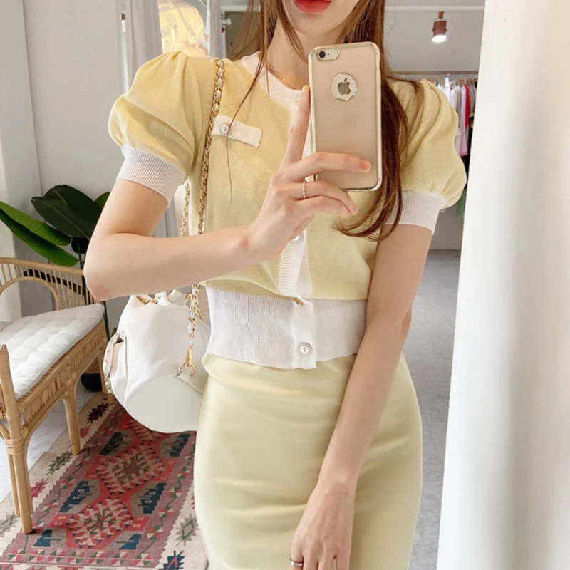 

2021 Korean Casual Knitted 2 Piece Set Women Crop Top Short Sweater Cardigan + Long Skirts Sets Suits Female Two Piece Outfits