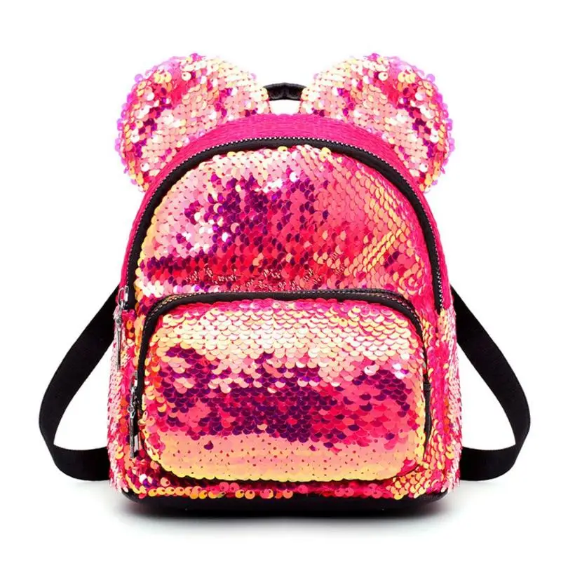 Rose Red New Baby Girls Kids Backpack Mouse Ears Bags Kids Fashion Mini School Bag Women Travel Sequins Backpack Mini Bag Dropshipping - Цвет: Rose Red