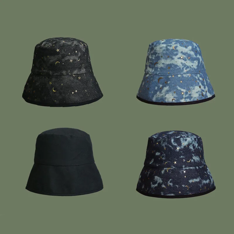 

Двусторонние Панамы со звездами и луной, черные и синие рыболовные кепки с принтом, шляпа от солнца унисекс, ветрозащитная универсальная Повседневная шапка, весна-осень