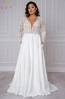 Свадебные платья размера плюс, кружевные атласные платья невесты с длинным рукавом, V-образным вырезом и карманами, бело-бежевые Свадебные платья с глубоким вырезом