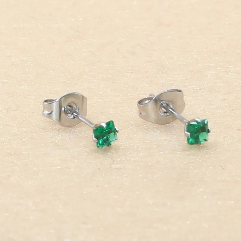 316L Stainless Steel With 3mm Square Colors Red Green Blue AAA Zircons Stud Earrings No Fade Allergy Free