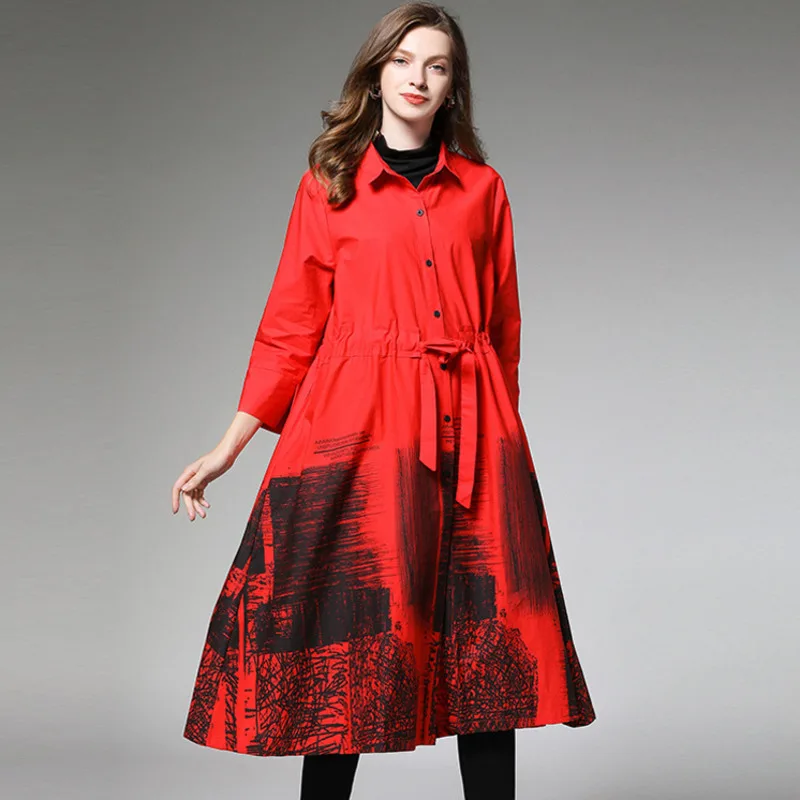 Женское платье рубашка LANMREM осеннее с отложным воротником и чернильным принтом