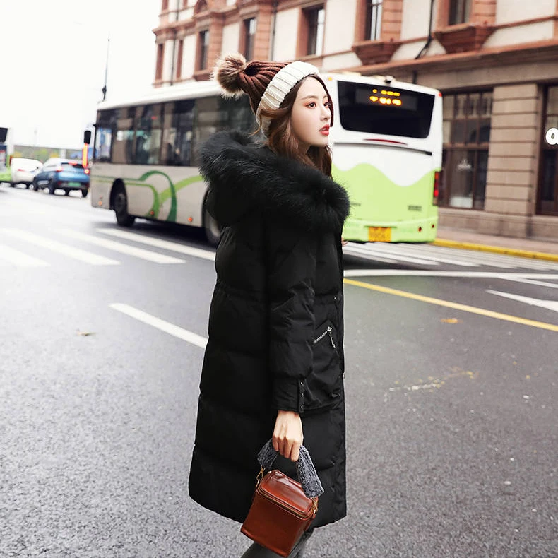 

Real Fur Collar Women Down Jacket White Duck Filling Thick Warm Long Overcoat Hooded Windproof Women Winter Coat Snow Wear