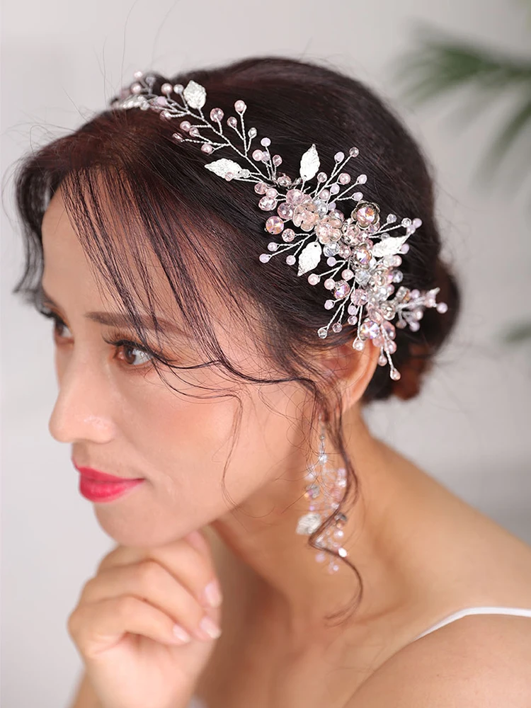 Тиара свадебные серьги и повязка на голову розовый хрустальный головной убор