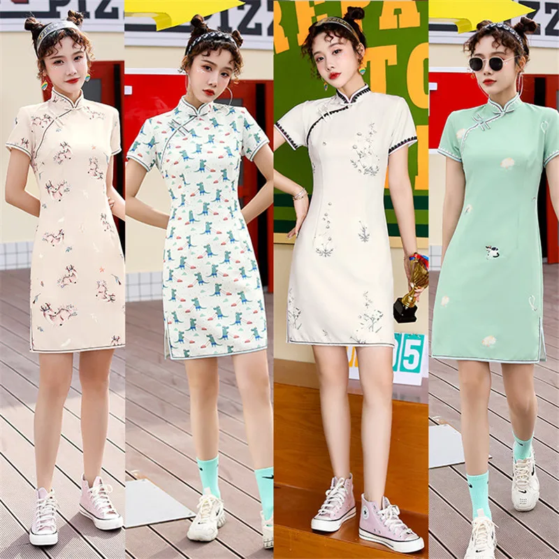 

FZSLCYIYI Chinese Traditional Woman Daily Printed Satin Cheongsam Elegant Sexy Mini Qipao Oversize 4XL
