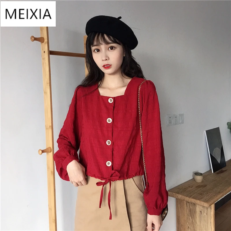 

Autumn Women's Square Collar Puff Sleeve Shirt Top Loose Short White Long Sleeve Shirt Female Sweet Student Shirt Tops