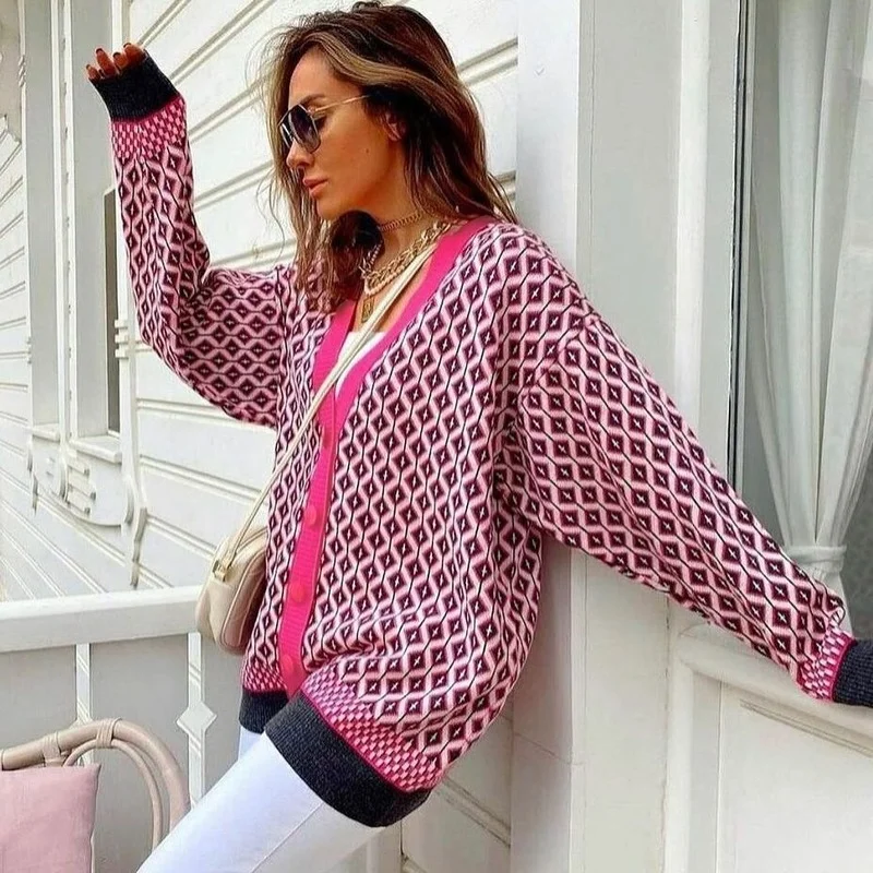 

Knitted Cardigan Women's Oversized Sweater Loose Casual Single-breasted V-Neck Check Pattern Autumn/Winter Coarse Wool Sweater