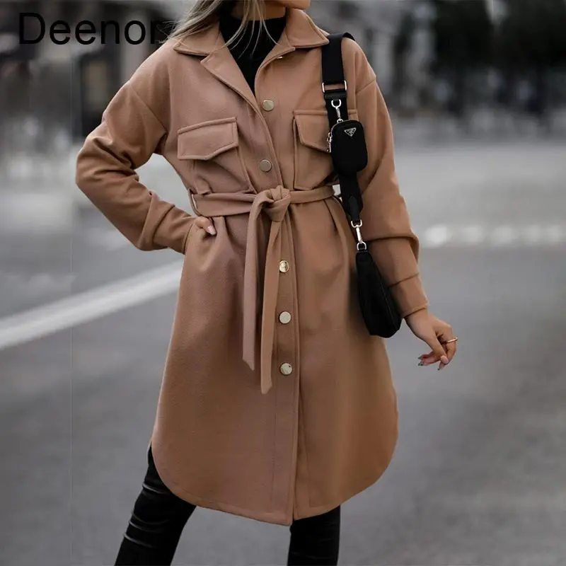

Deenor Women's Coat with Belt Solid Color Long Sleeve Chic Long Outerwear Ladies Jacket for Women 2021 Autumn Elegant Overcoat