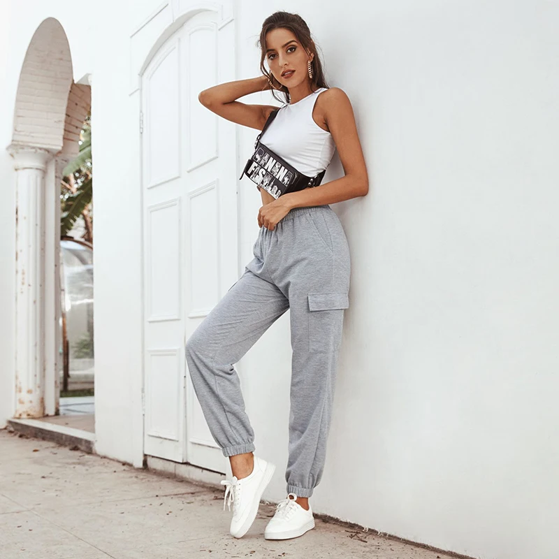 Повседневные спортивные брюки JYSS с эластичным поясом светло серые удобные