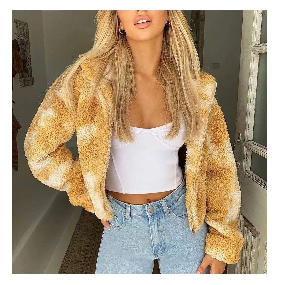 

Artsnie Winter Warm Teddy Coat Women Turtleneck Zipper Long Sleeve Thick Jackets Autumn Fleece Yellow Streetwear Coats Chaqueta