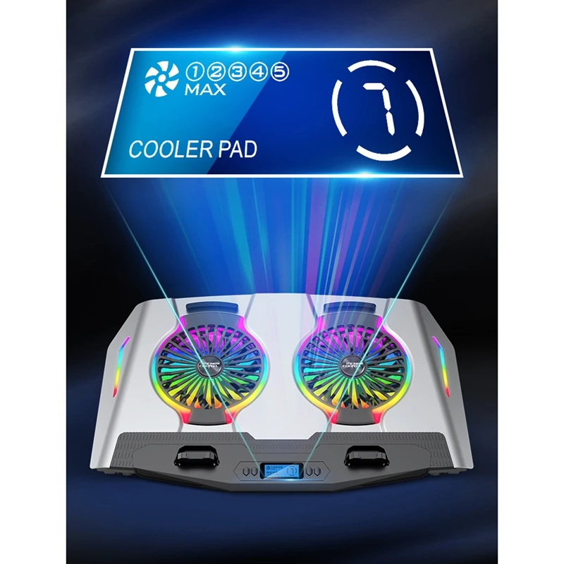 

RGB Laptop Cooler 11-21 Inch Dual Fan with LCD Display Gaming Laptop Cooling Pad Laptop Stand with 2 USB Ports