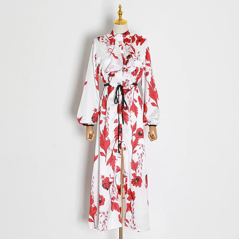 Женское лоскутное платье CHICEVER красное асимметричное в пол с рукавами фонариками