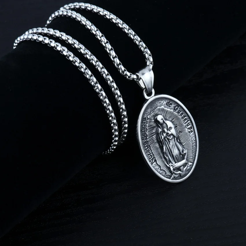 

HNSP Punk Religious Virgin Mary Oval Pendant Chain Necklace For Men Women
