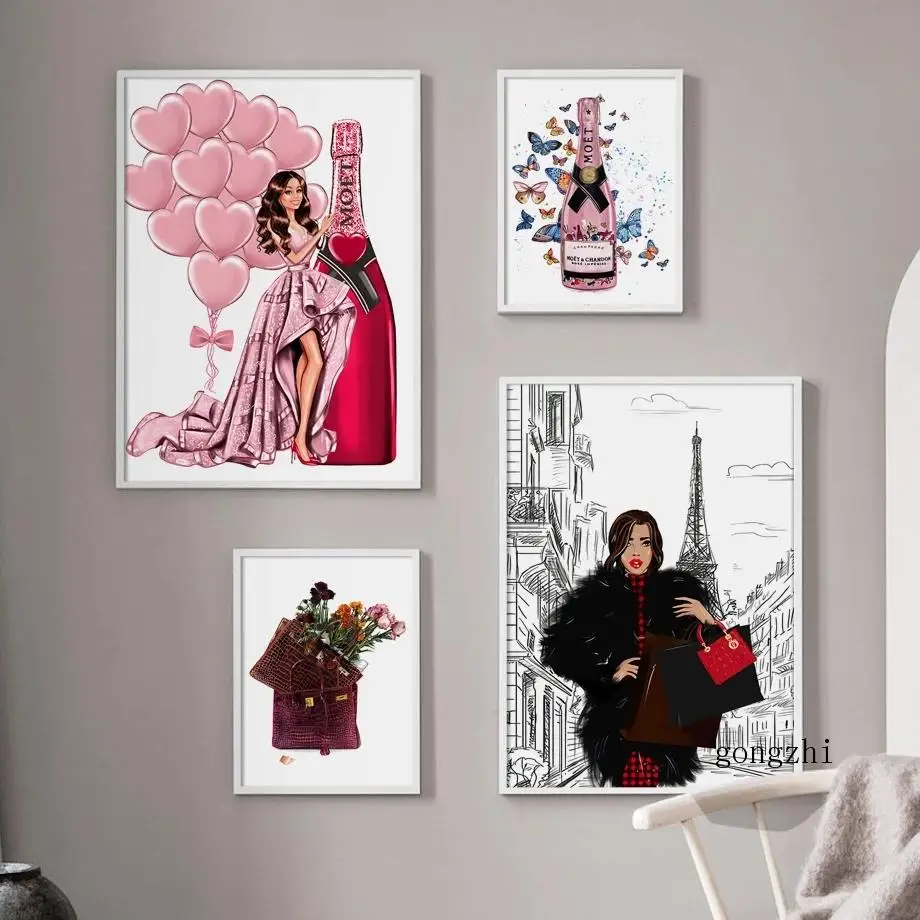 

Fashion Girl Posters Bag Champagne Balloon Salon Canvas Painting and Prints Nordic Wall Art Pictures for Living Room Home Decor