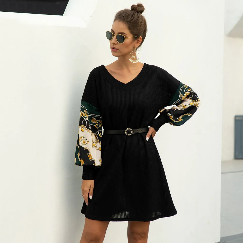 Dress For Women Casual Loose V-Neck Printed Paneled Lantern Sleeve High Waist bandage Shirt Evening Party Dresses Sukienka | Женская