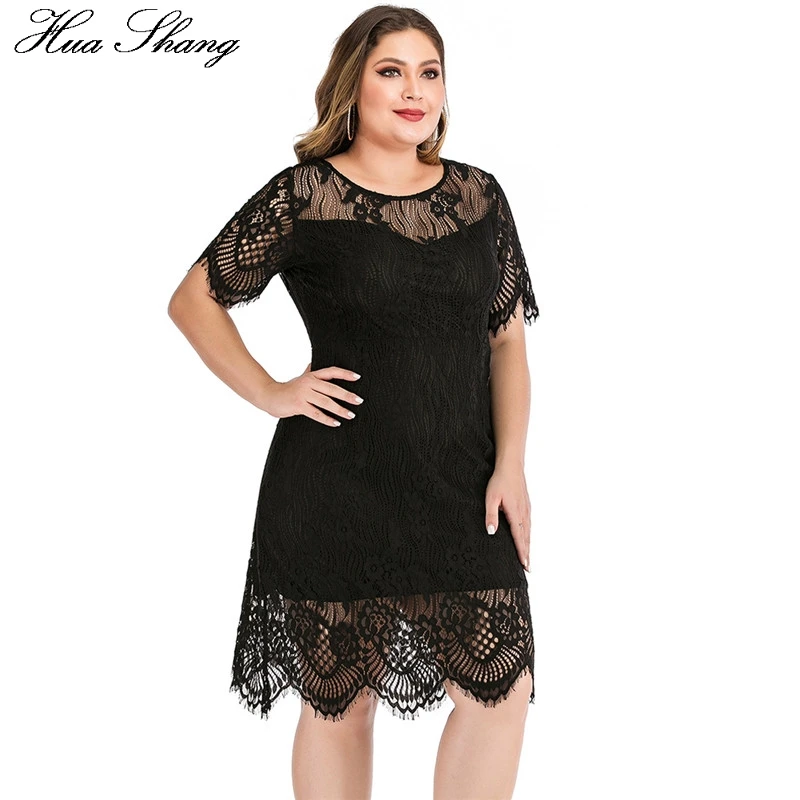 Женское кружевное вечервечерние платье 6XL повседневное черное ажурное миди с