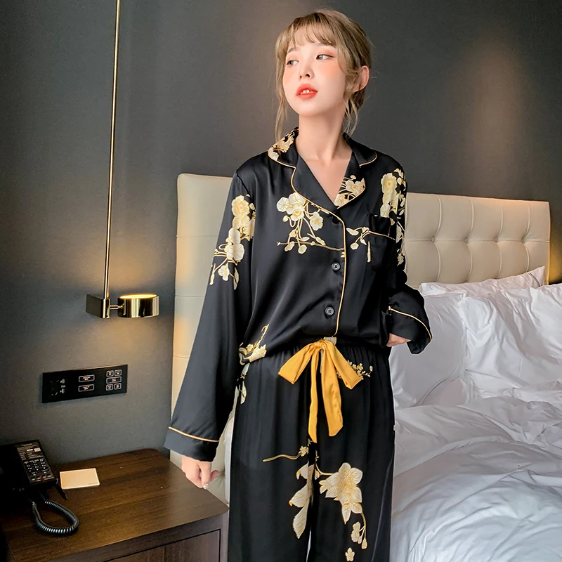 Women's Pajamas Sets Light luxury Flower Print Black and Gold Sleepwear Silk Like Couple Home Clothes Nightwear for Men пижама