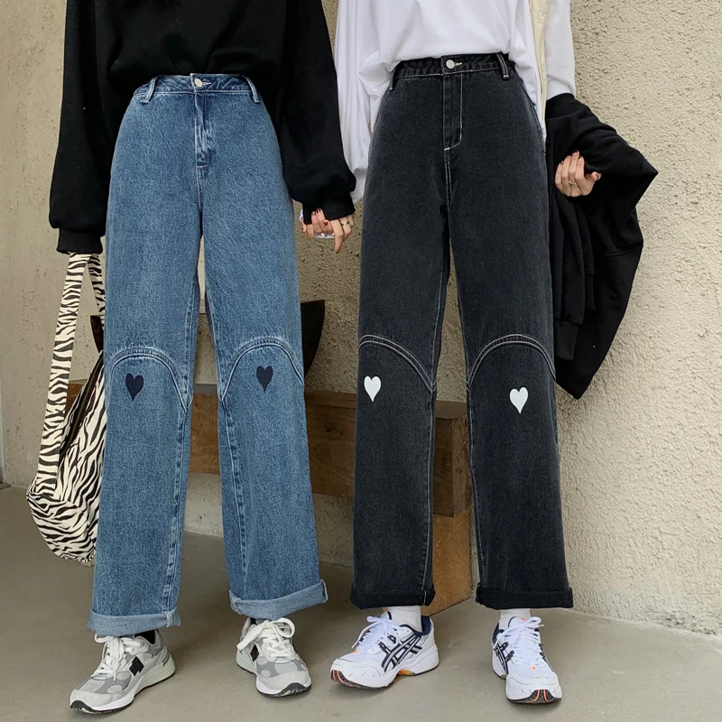 

Женские синие джинсы в стиле Харадзюку, прямые брюки с высокой талией и вышивкой, уличная мода Y2K, модные джинсовые брюки с широкими штанинами, новинка 2021