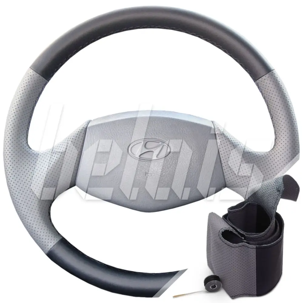 Оплетка на руль (кожа) Hyundai Accent MT0-MT2 AT4 без подушки безопасности (черно-серая) #8840 |