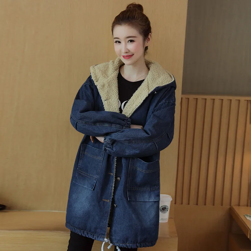 Джинсовые парки женские 2019 зимние новые свободные плюс бархатные толстые пальто
