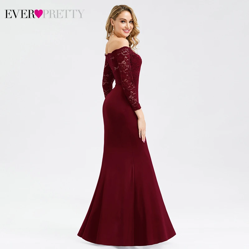 Бордовые кружевные вечерние платья Длинные Ever Pretty EP00805BD с открытыми плечами с длинным рукавом элегантные вечерние платья со шлейфом Gala Jurken Dames
