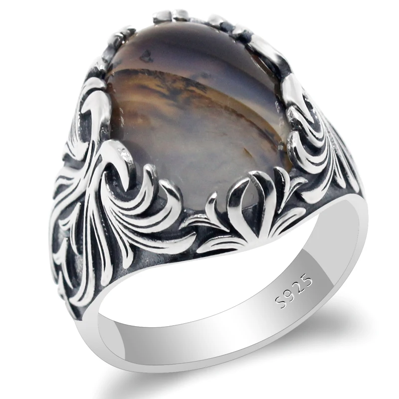 

925 Sterling Silver Men's Ring with Big Natural Agate Stone Vintage Punk Thai Silver Ring to Husband Turkish Fine Jewelry Gift