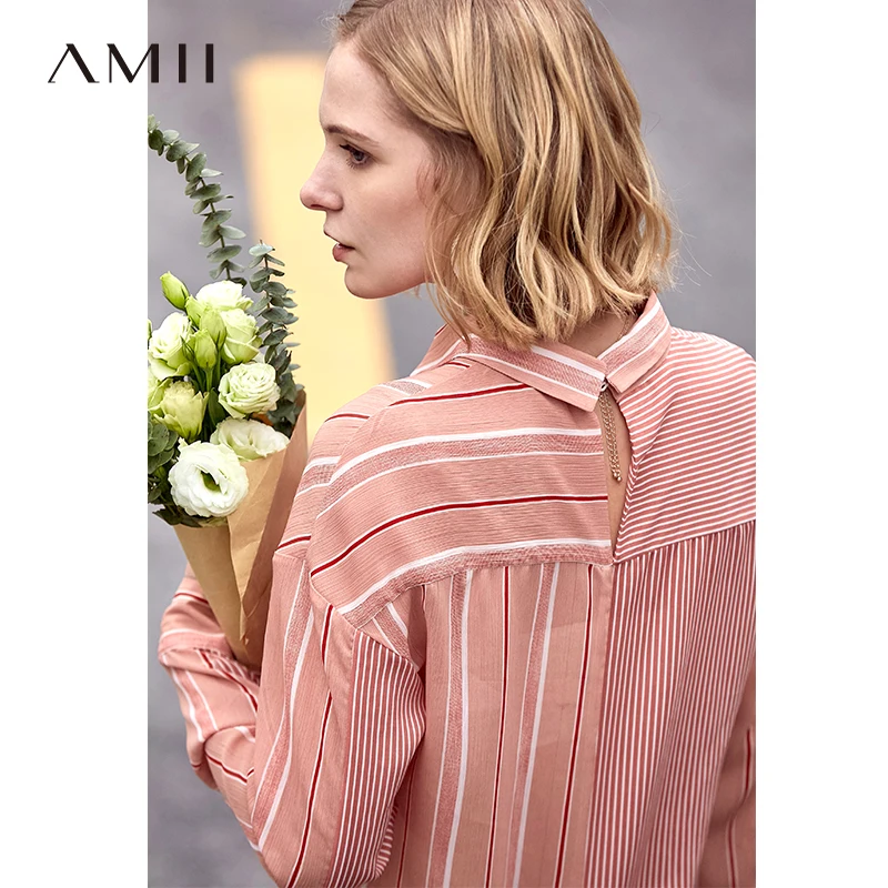Amii Весенняя женская шифоновая розовая полосатая блузка Повседневная Лоскутная