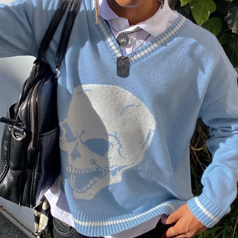 

Autumn Y2K Sweaters Preppy Style Skull Print Loose Women Knitwear Streetwear V-neck Knitted Jumpers Winter Female Pullovers Tops
