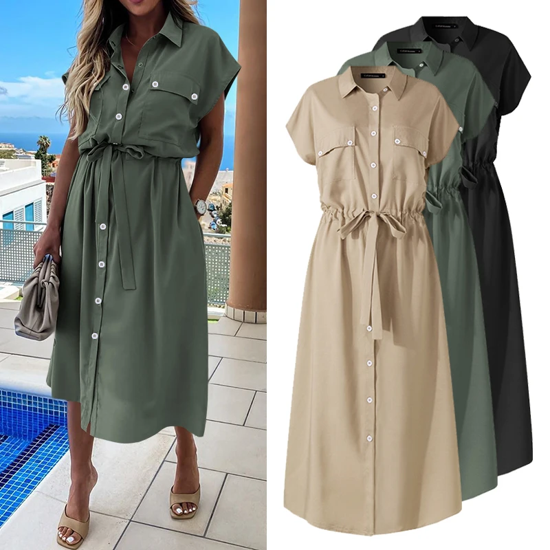 

ZOGAA Women Fashion Lapel Shirt Dress Ladies Cargo Office Dress Summer Short Sleeve Sundress Casual Loose Buttons Vestidos 5XL