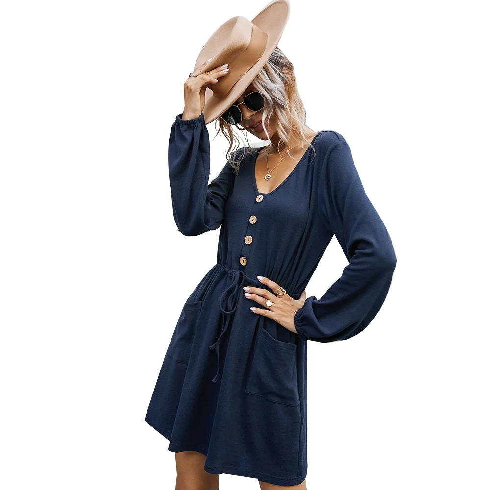 

Donsignet Fashion Women's Dress New Summer Casual V-neck Pullover Solid Color Button Sexy Lace Double Pocket Mini Dress