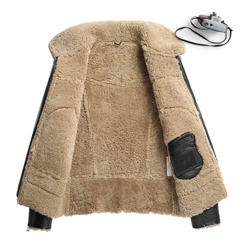 

Fashion Mens Pilot Genuine Leather Aviator Jacket 6XL Lamb Wool Winter Real Fur Lining Military Coat Slim Biker Shearling Jacket