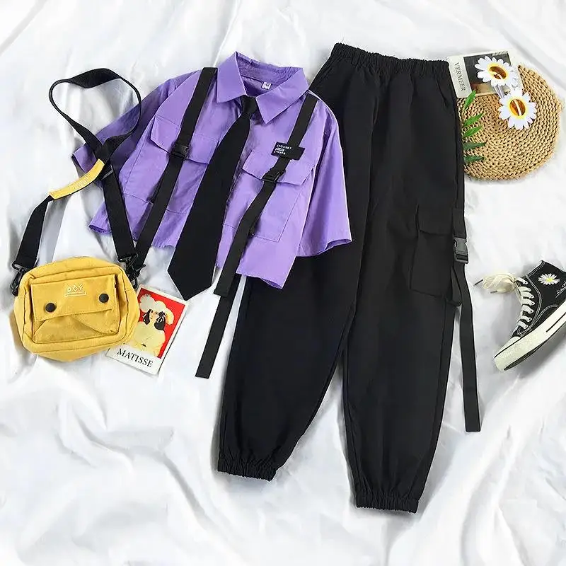 

2021 Autumn Streetwear Pants High-Waist Straight Ribbon Cargo Pants Student Loose Short-Sleeved Shirt with Tie two-piece Set
