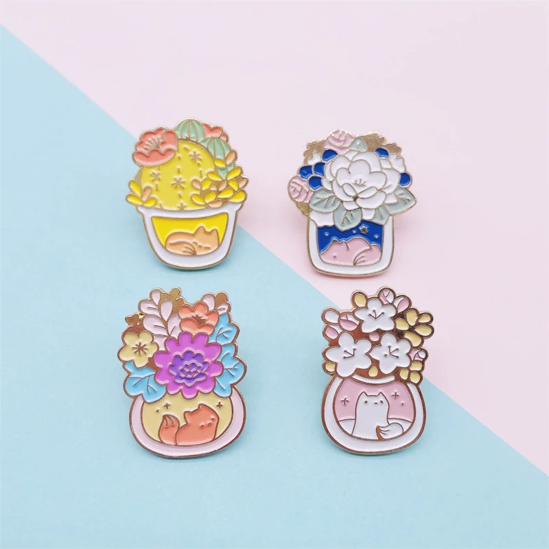 Эмалированные заколки с милыми растениями в горшке и из мультфильма розовые