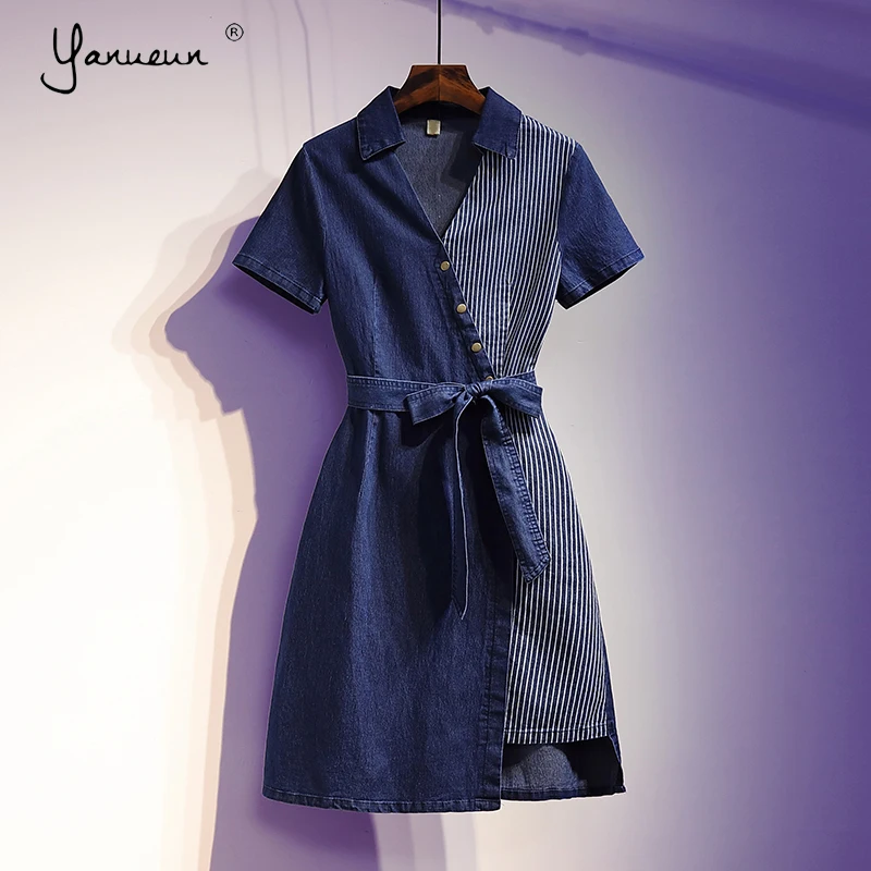 

Yanueun Womens New Hot Plus Size Turn-Down Collar Button Irregular Patchwork Lace Up Sashes Summer Denim Mini A-Line Dress