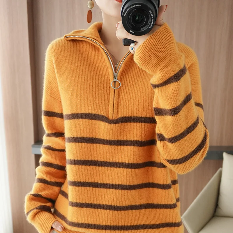Autumn and Winter Thick Pure Wool Zipper Half-Open High-Neck Long-Sleeved Knitted Pullover Women's Sweater Stripe Color Matching