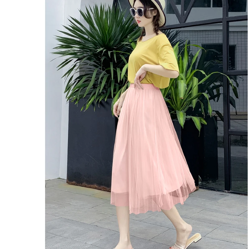 

Mesh Midi Skirt Long Tulle Skirt Pleated High Waist Skirts Womens Jupe Femme Faldas Mujer Moda 2019 Korean Ropa Mujer Vintage