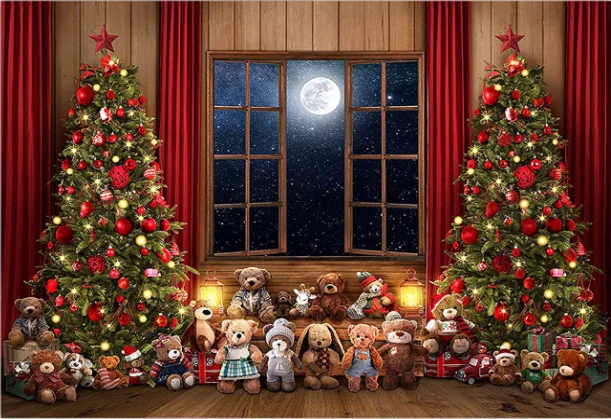 Фотофон зима Рождество деревянное окно полная луна ночь фотография декор для