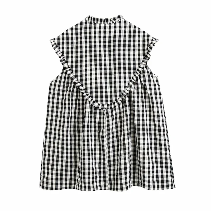 

Qooth Retro Plaid V-neck Ruffled Sleeve Pullover Dress Women's Summer New Style Loose Dress Causal Short Sleeve Dress QT704