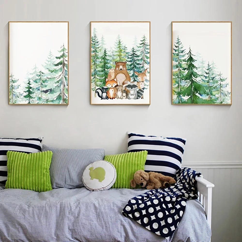 

Woodland Animal Print Nursery Wall Art Painting Nordic Poster Cartoon Canvas Painting Fox Deer Bear Wall Picture Kids Room Decor