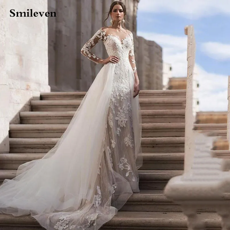 

Smileven Lace Mermaid Wedding Dress Long Sleeve Boho Bridal Gowns With Detachable Train Robe de soriee Turkey Wedding Gowns 2021