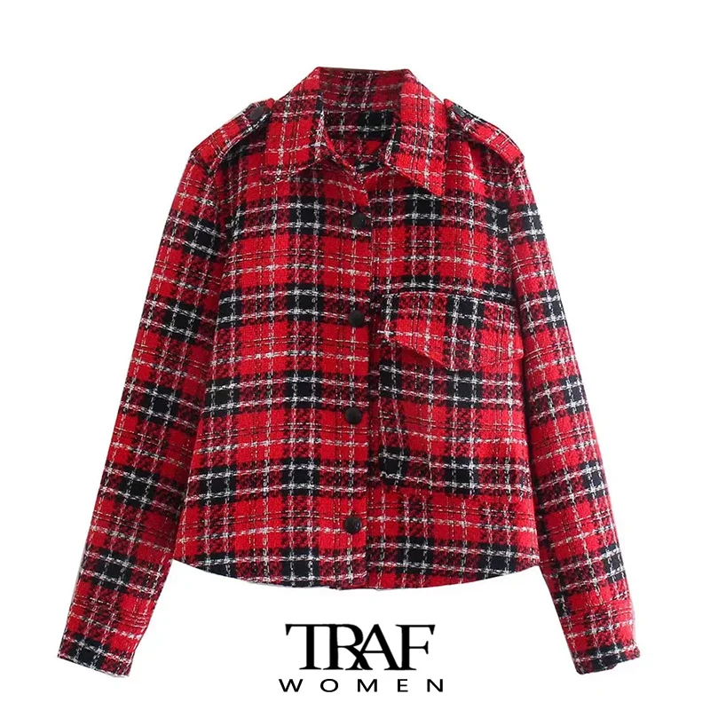 

TRAF Women Fashion Patch Pockets Oversized Crop Tweed Jacket Coat Vintage Long Sleeve Button-up Female Outerwear Chic Tops