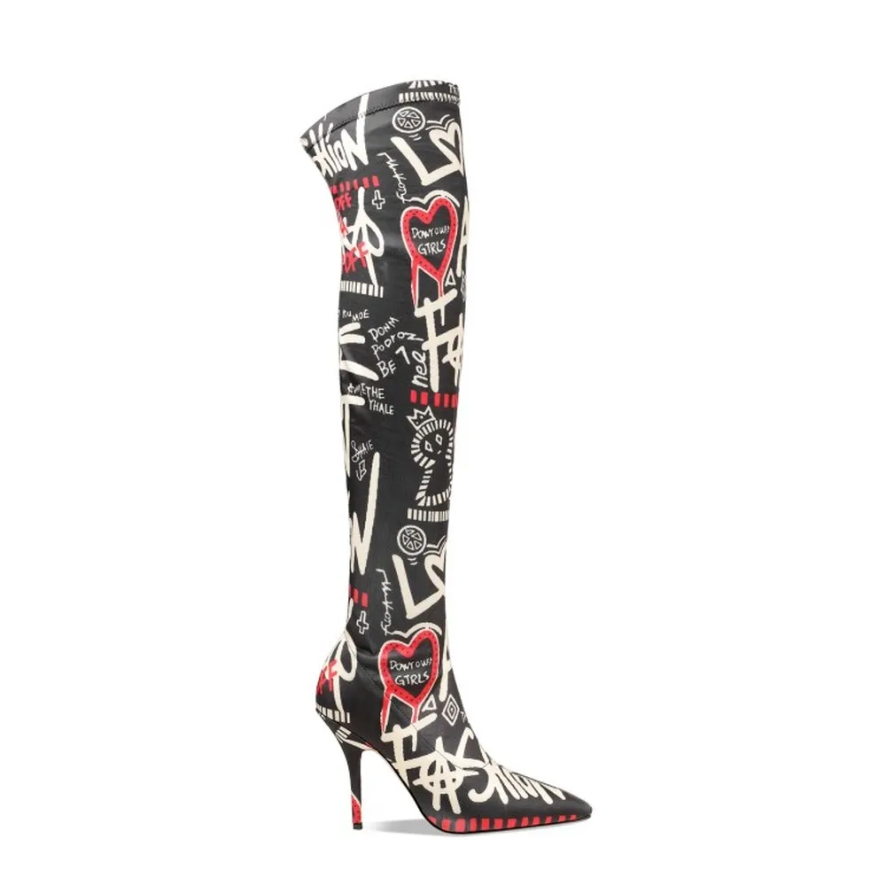 

Женские ботфорты с принтом OLOMLB, эластичные готические сапоги на высоком каблуке-шпильке с граффити, индивидуальный пошив, цвета, размеры 34-45