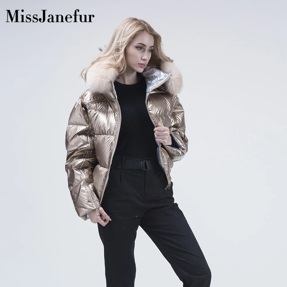 Пуховое пальто с лисьим воротником зимнее меховое женская меховая куртка