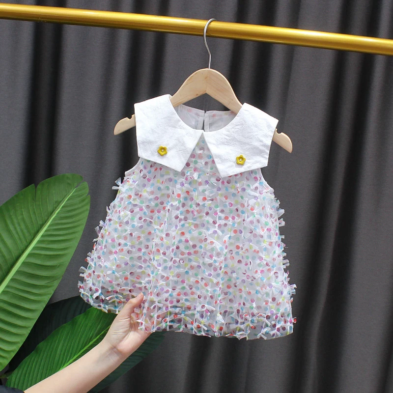 

Baby Girl Skirt Rainbow Dot Mesh Princess Birthday Dress Summer Sleeveless Newborn Kids Sundress Dress Children Clothing Outfits