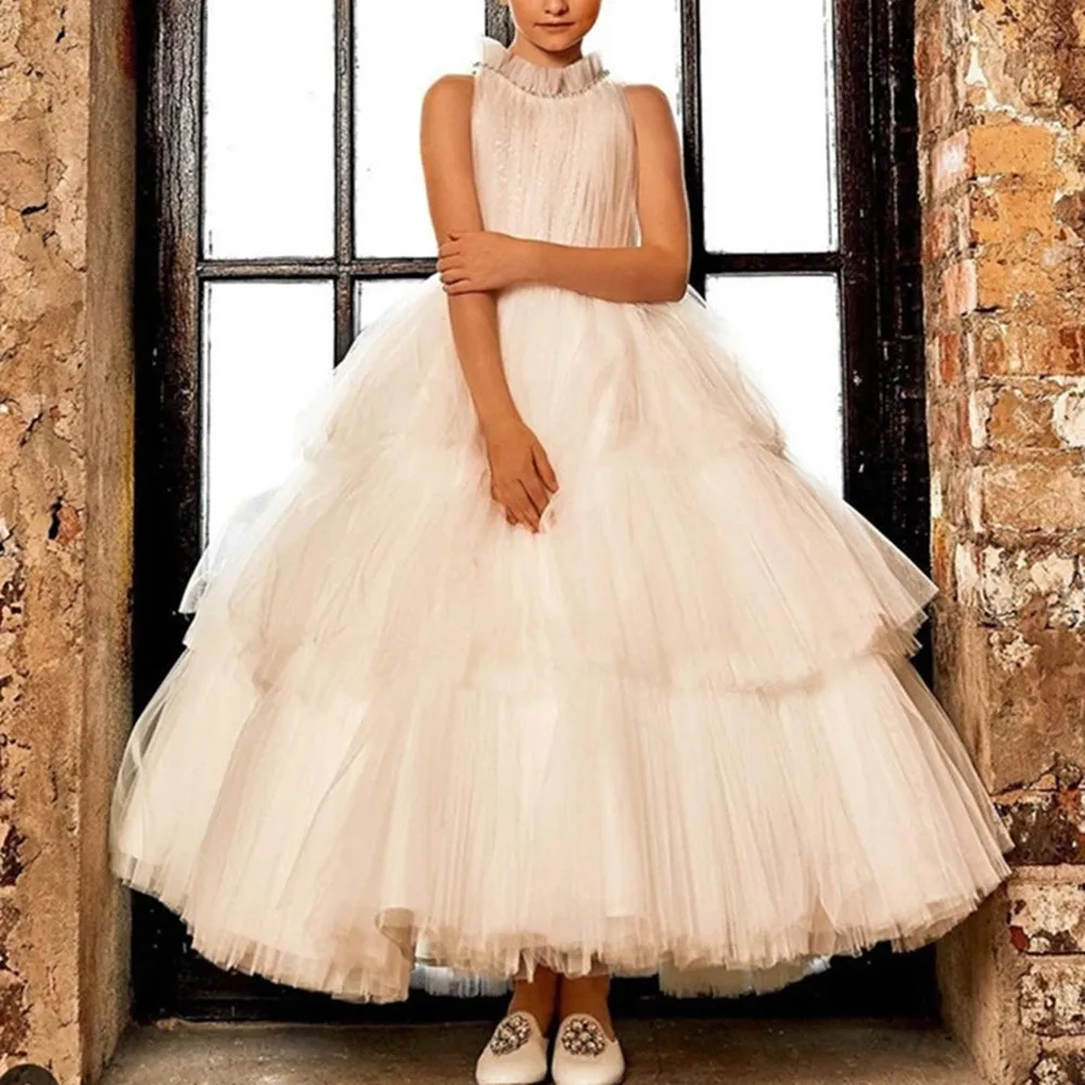 

Charming Flower Girl Dresses for Wedding with Pearls High Neck Tulle Primera Tiered Communion vestidos de comunion