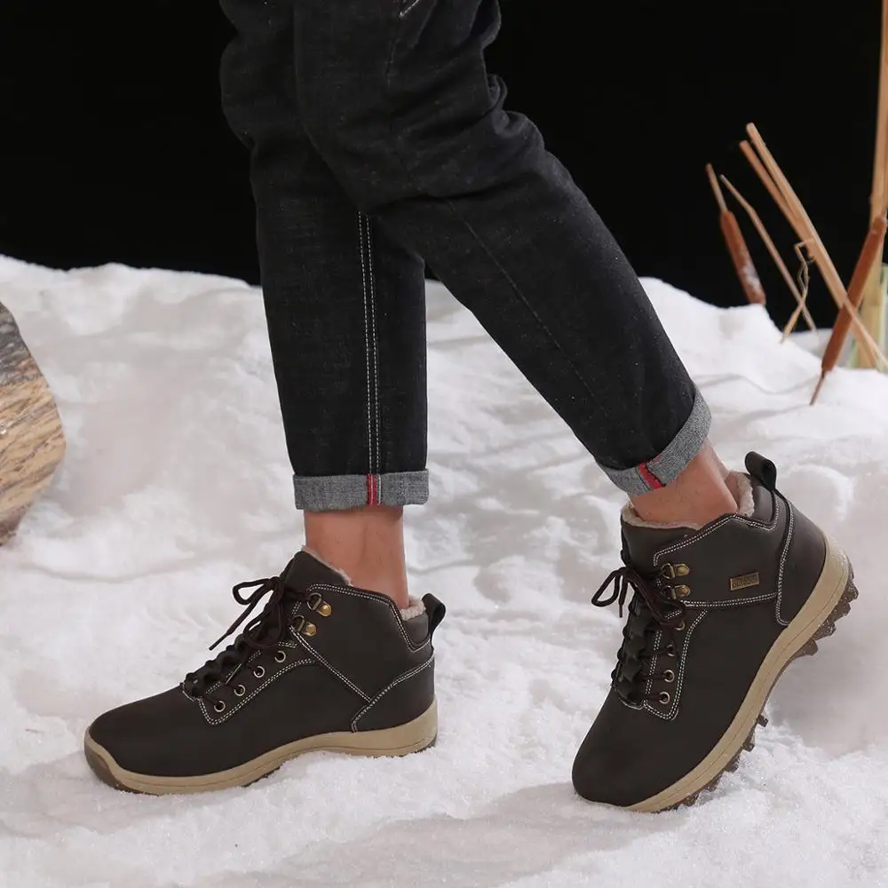 Супер теплые мужские ботинки зимние кожаные водонепроницаемые резиновые