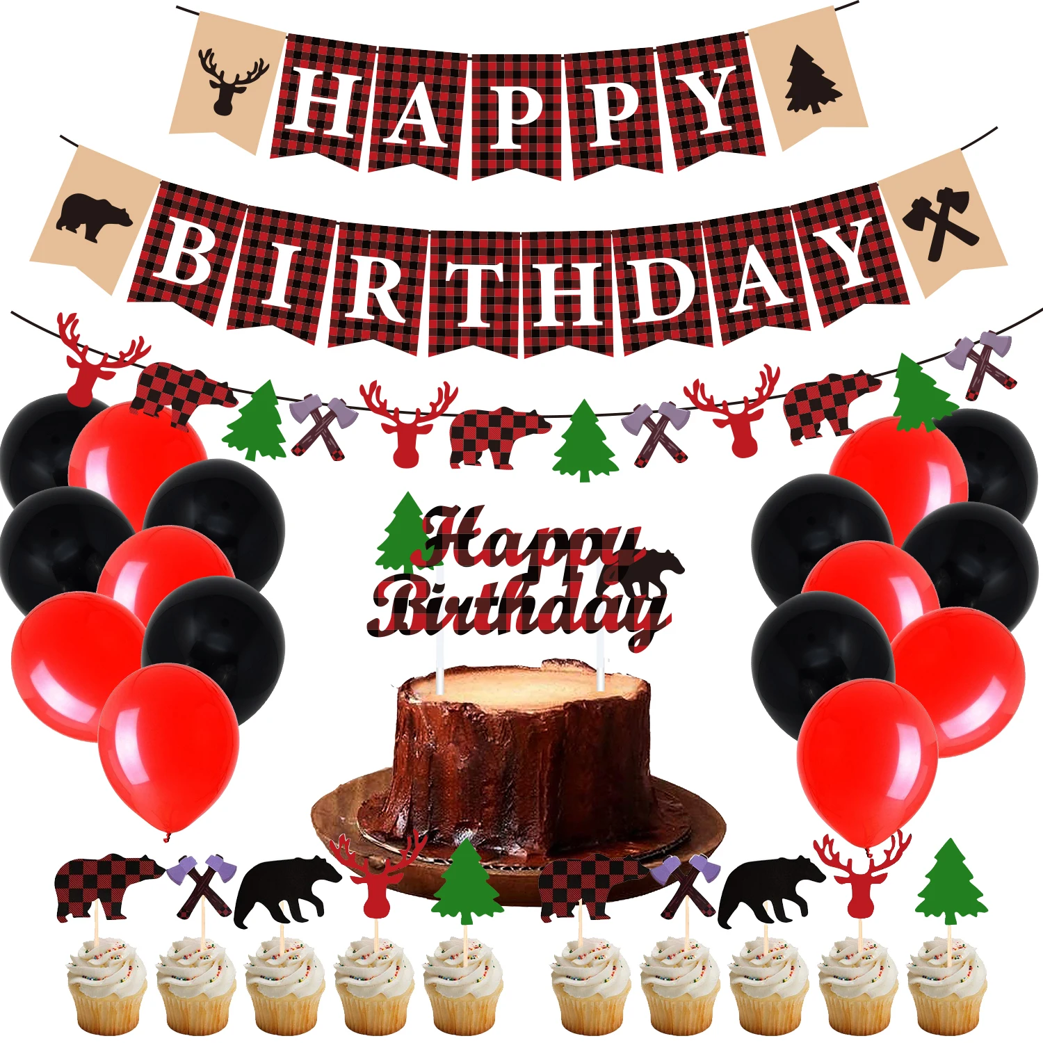 

Набор украшений для темативечерние Lumberjack, товары для вечеринки на день рождения, баннер в клетку в лесу + тянущийся флаг + латексный шар + укр...