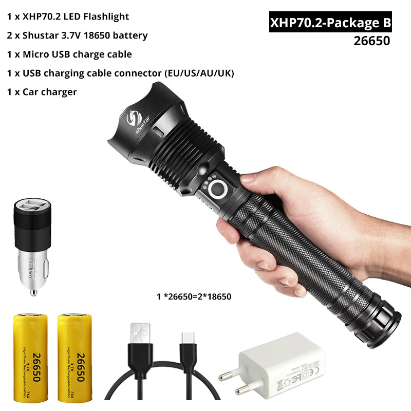 XHP70.2-26650-B Супер яркий Мощный светодиодный фонарь с XHP 70,2, тактический светодиодный фонарь с бусинами, поддержка зума, 3 режима освещения, портативный фонарь - Испускаемый цвет: XHP70.2-26650-B