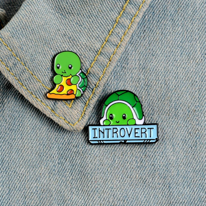 Tortoise Enamel Pins Custom Introvert Brooches Lapel Pin Shirt Bag Pizza Animal Badge Turtle Jewelry Gift For Kids Friends